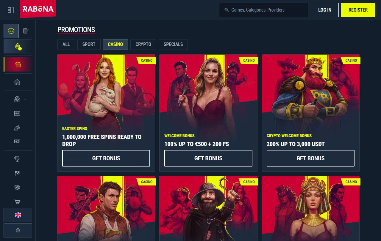 Jogos slots e live casino no Rabona Casino Brasil