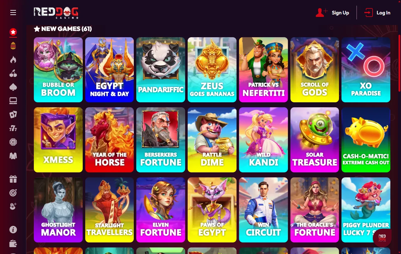Catálogo de 3.000+ jogos de slots, mesa e dealer ao vivo disponíveis no Red Dog Casino Brasil