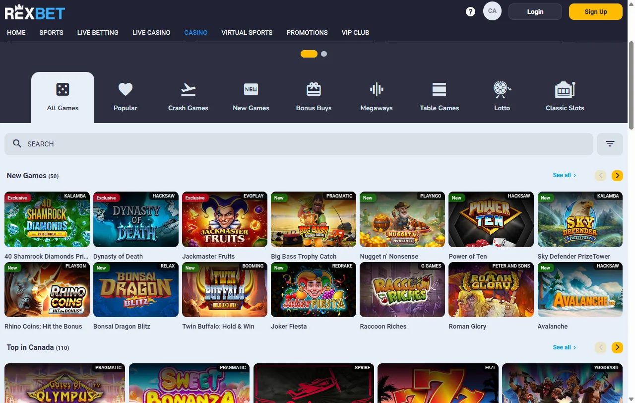 Seleção jogos e provedores principais Rexbet Casino Brasil