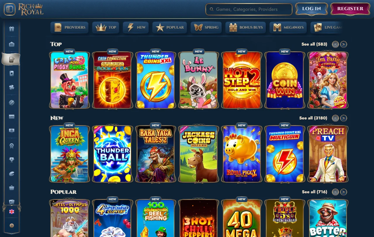 Jogos slots e live casino no RichRoyal Casino Brasil