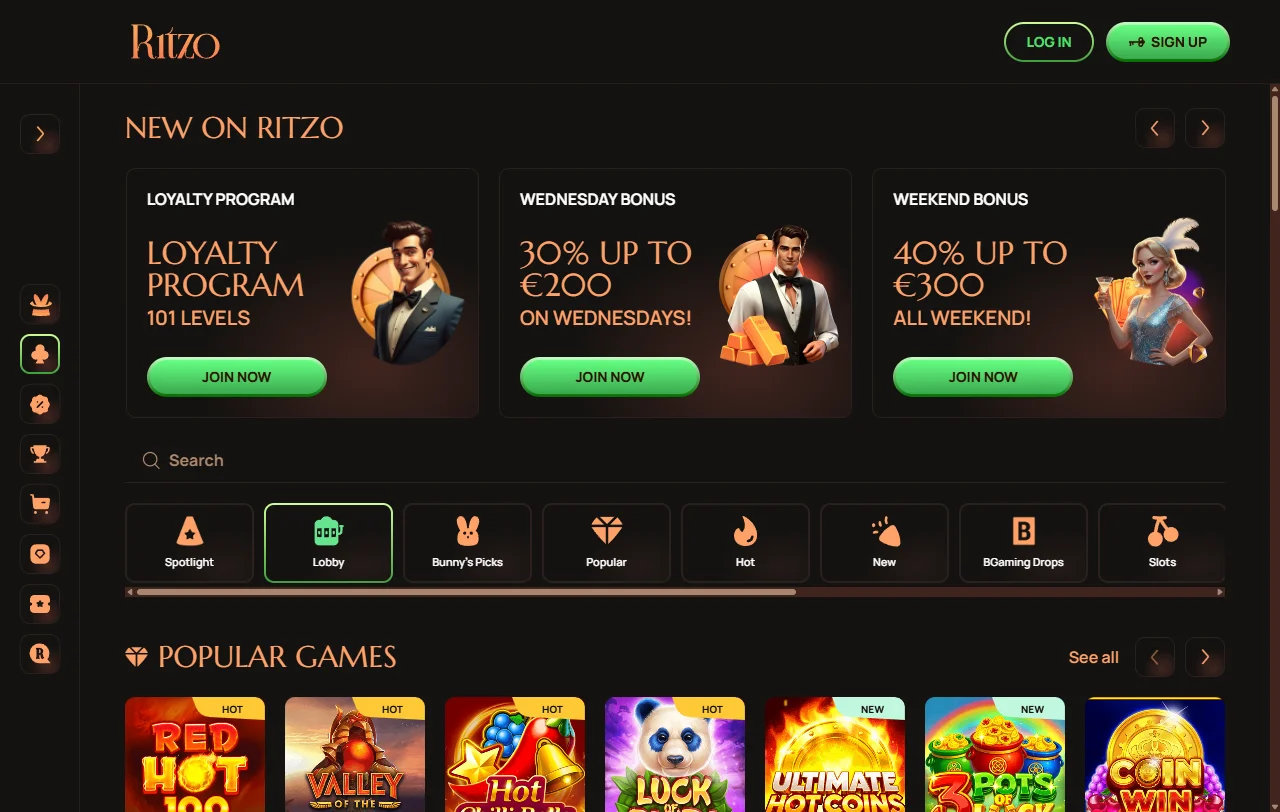 Análise completa de Ritzo Casino Brasil mostrando interface principal com menu de categorias e destaques de jogos populares