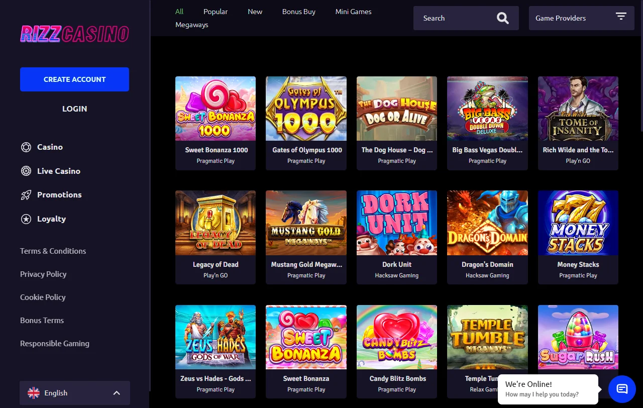 Seleção jogos e provedores principais Rizz Casino Brasil