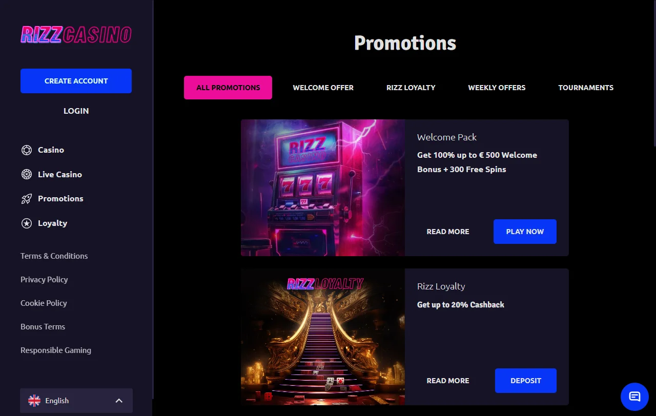 Promoções bônus e ofertas especiais Rizz Casino Brasil
