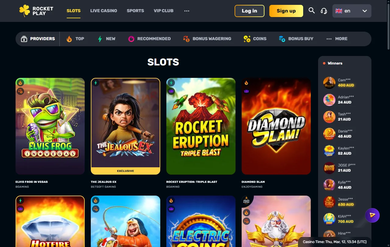 Catálogo de jogos RocketPlay Casino Brasil com mais de 3.000 títulos de provedores como Pragmatic Play e Evolution Gaming
