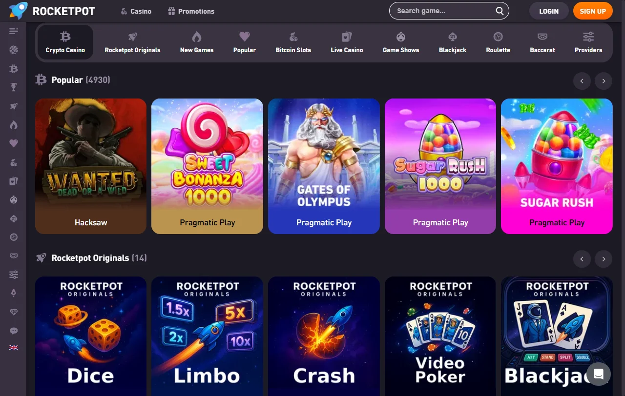 Seleção jogos e provedores principais RocketPot Casino Brasil