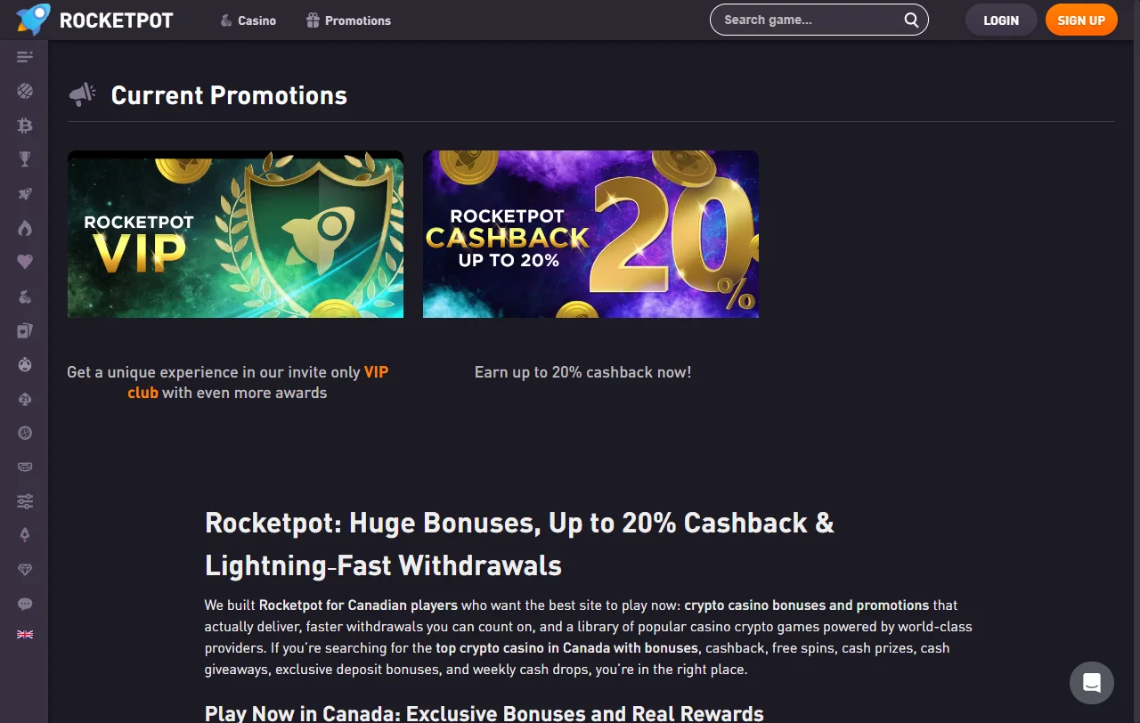 Promoções bônus e ofertas especiais RocketPot Casino Brasil
