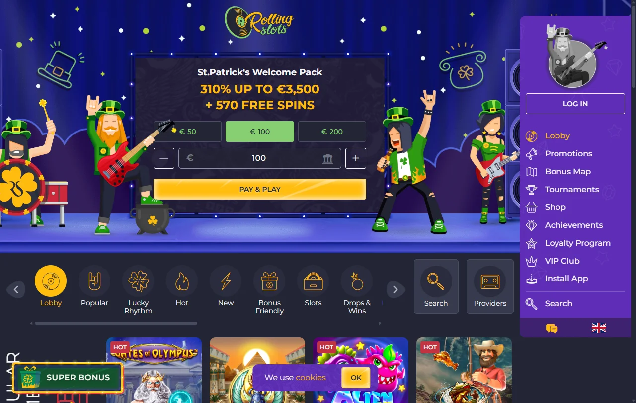 Revisão completa de Rolling Slots Casino Brasil mostrando interface desktop com menu principal e catálogo de jogos