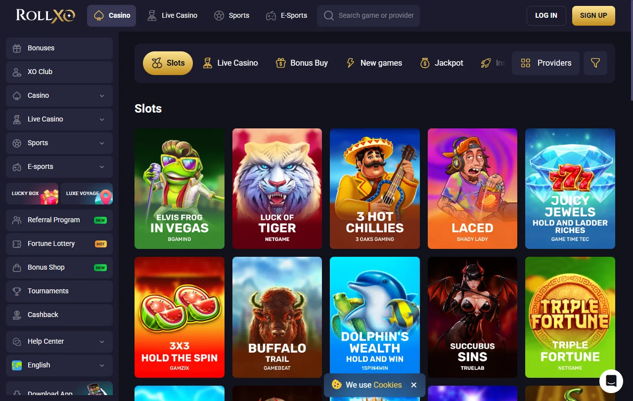Jogos slots e live dealer no RollXo Casino Brasil catálogo