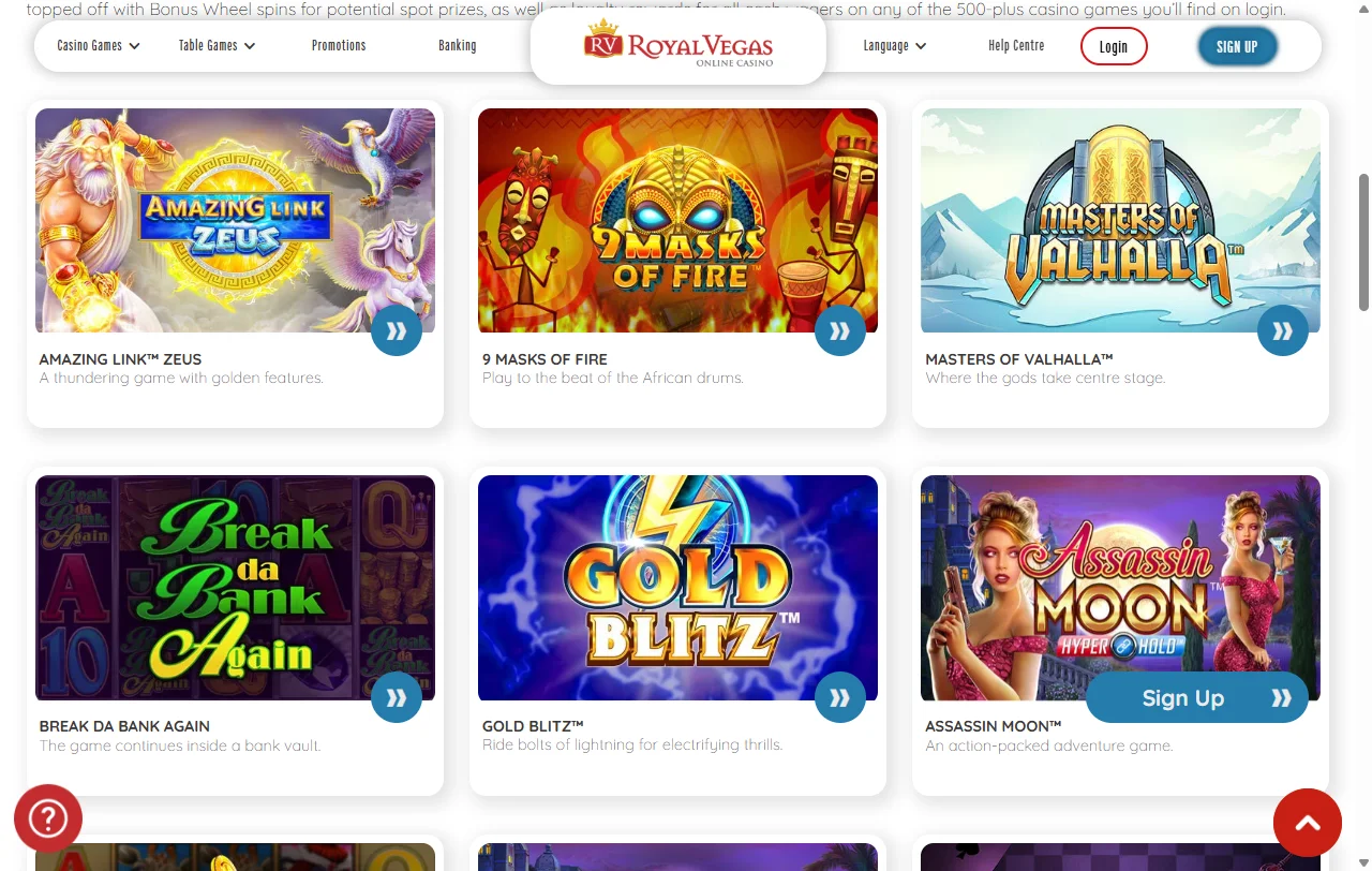 Jogos slots e live casino no Royal Vegas Casino Brasil