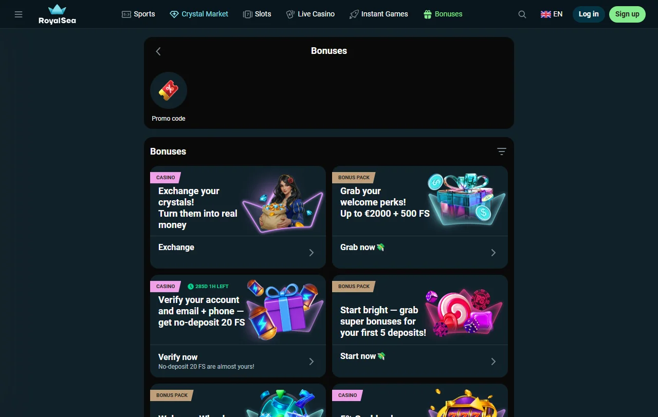 Promoções bônus e ofertas bem-vindas RoyalSea Casino Brasil
