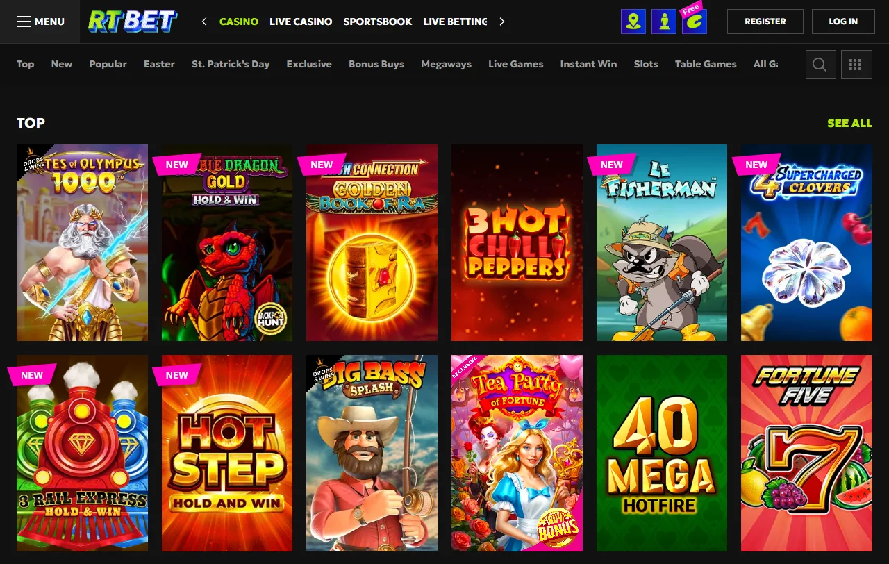 Jogos slots e live casino no RT Bet Casino Brasil catálogo