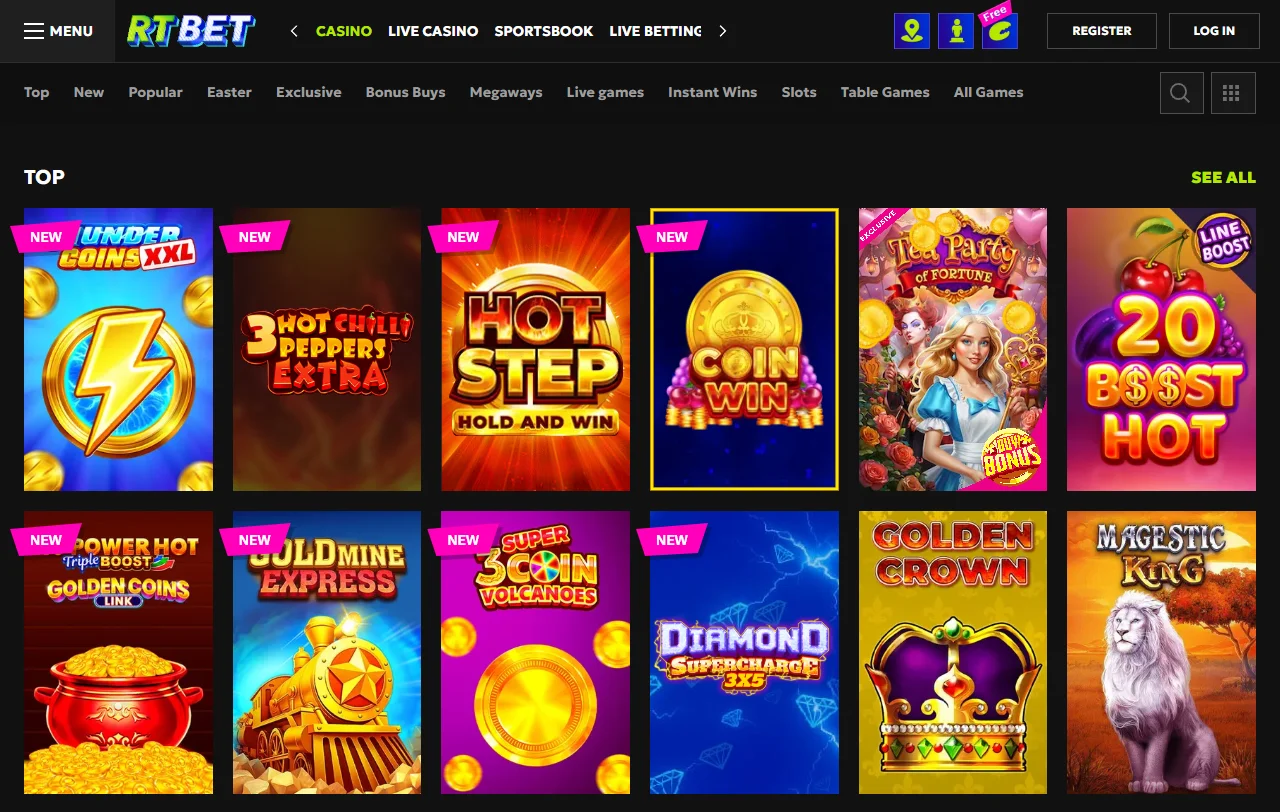 Jogos slots e live casino no RTBet Casino Brasil