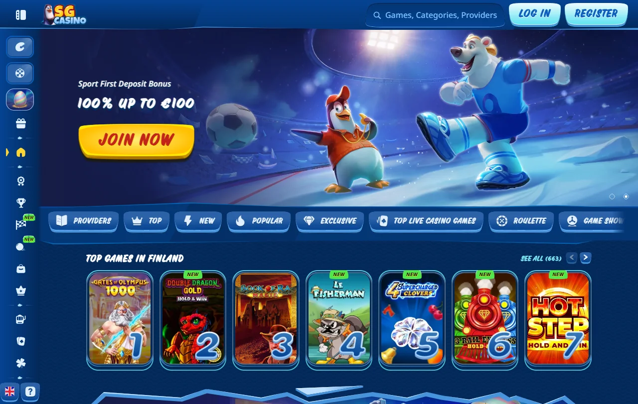 Página inicial do SG Casino Brasil mostrando catálogo completo de jogos e bônus de boas-vindas