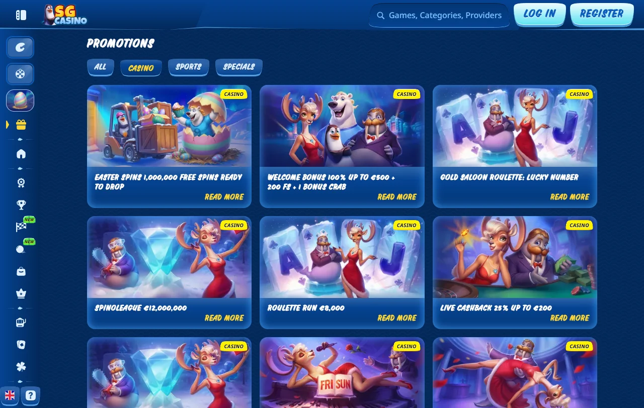 Seção de slots do SG Casino Brasil com jogos de Pragmatic Play, Hacksaw Gaming e provedores premium