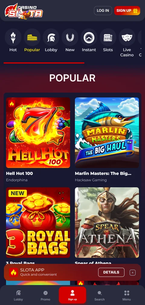 Depósitos saques métodos pagamento Slota Casino Brasil