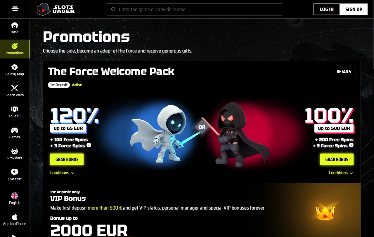 Slots e jogos variados disponíveis no SlotsVader Casino