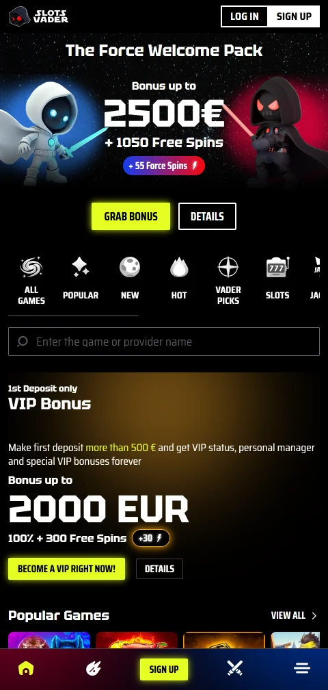 Jogos mobile acessíveis no SlotsVader Casino smartphone