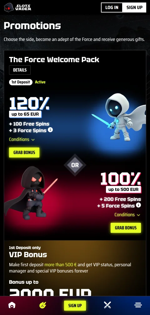 Pagamentos depósitos saques no SlotsVader Casino mobile