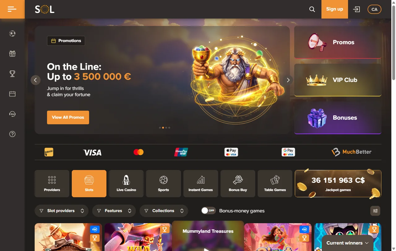 Catálogo de jogos Sol Casino Brasil apresentando slots, mesa ao vivo e títulos de provedores estabelecidos