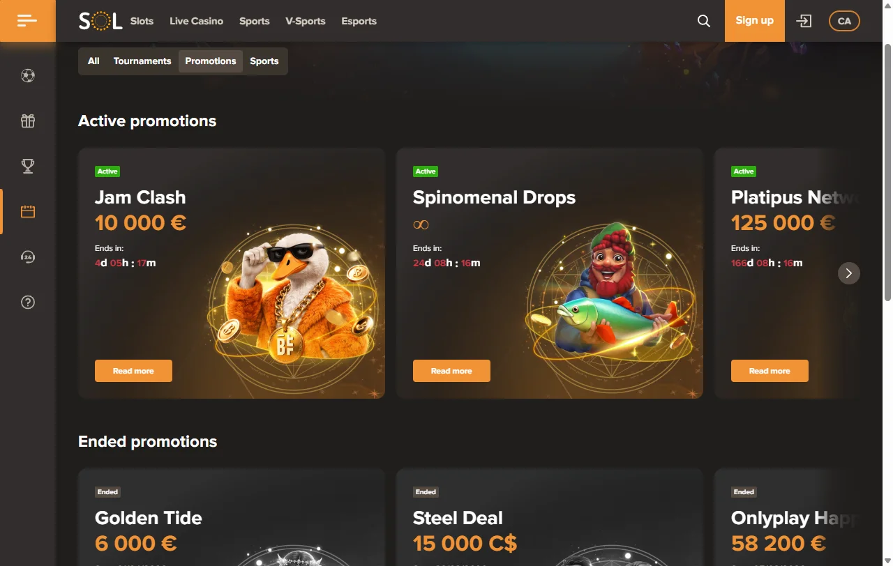 Estrutura de bônus e promoções de Sol Casino Brasil incluindo boas-vindas até R$ 2.500 com rodadas grátis