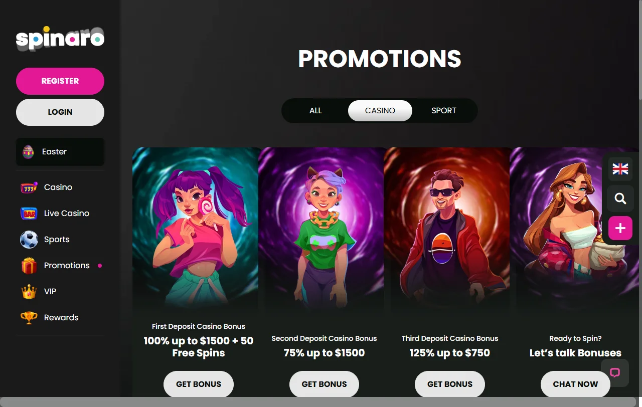 Bônus de boas-vindas e promoções no Spinaro Casino Brasil