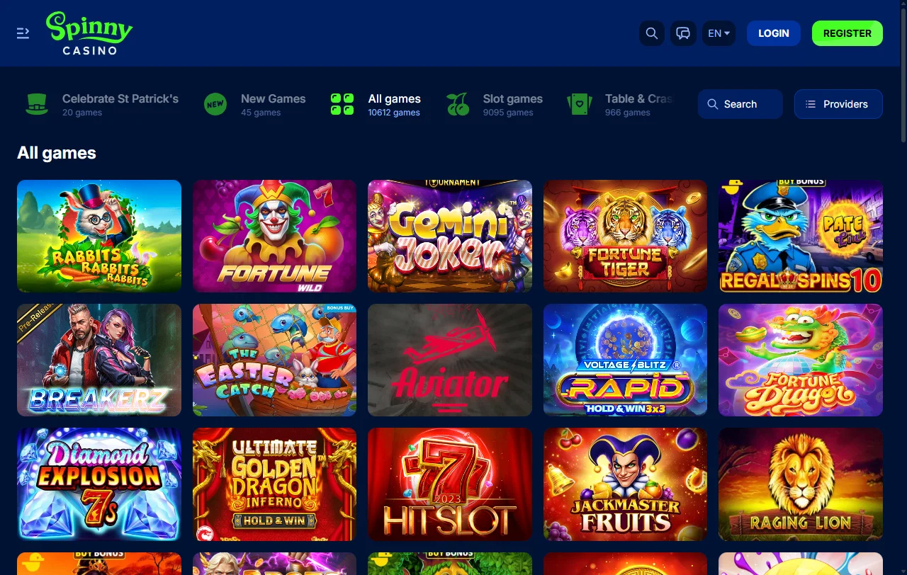 Catálogo de slots e jogos ao vivo disponíveis em SpinnyCasino com mais de 3.000 títulos