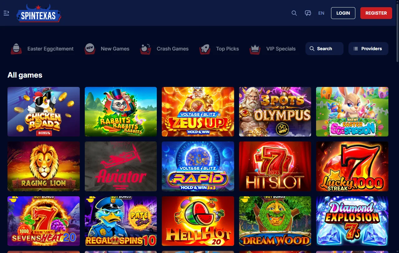 Jogos slots e live casino no Spintexas Casino Brasil