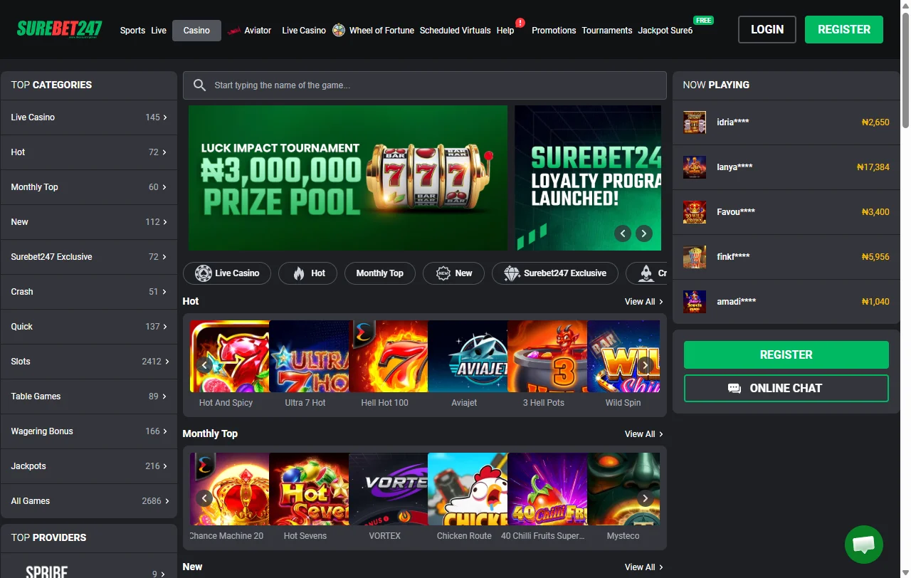 Jogos slots e live casino disponíveis no SureBet247 Casino Brasil
