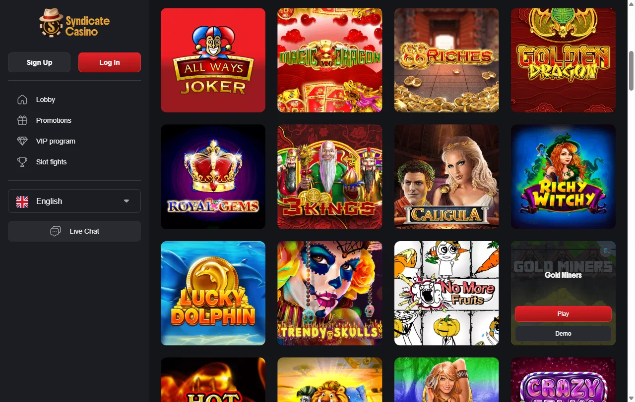 Catálogo de 2.500+ jogos incluindo slots, mesa ao vivo e títulos Pragmatic Play no Syndicate Casino Brasil