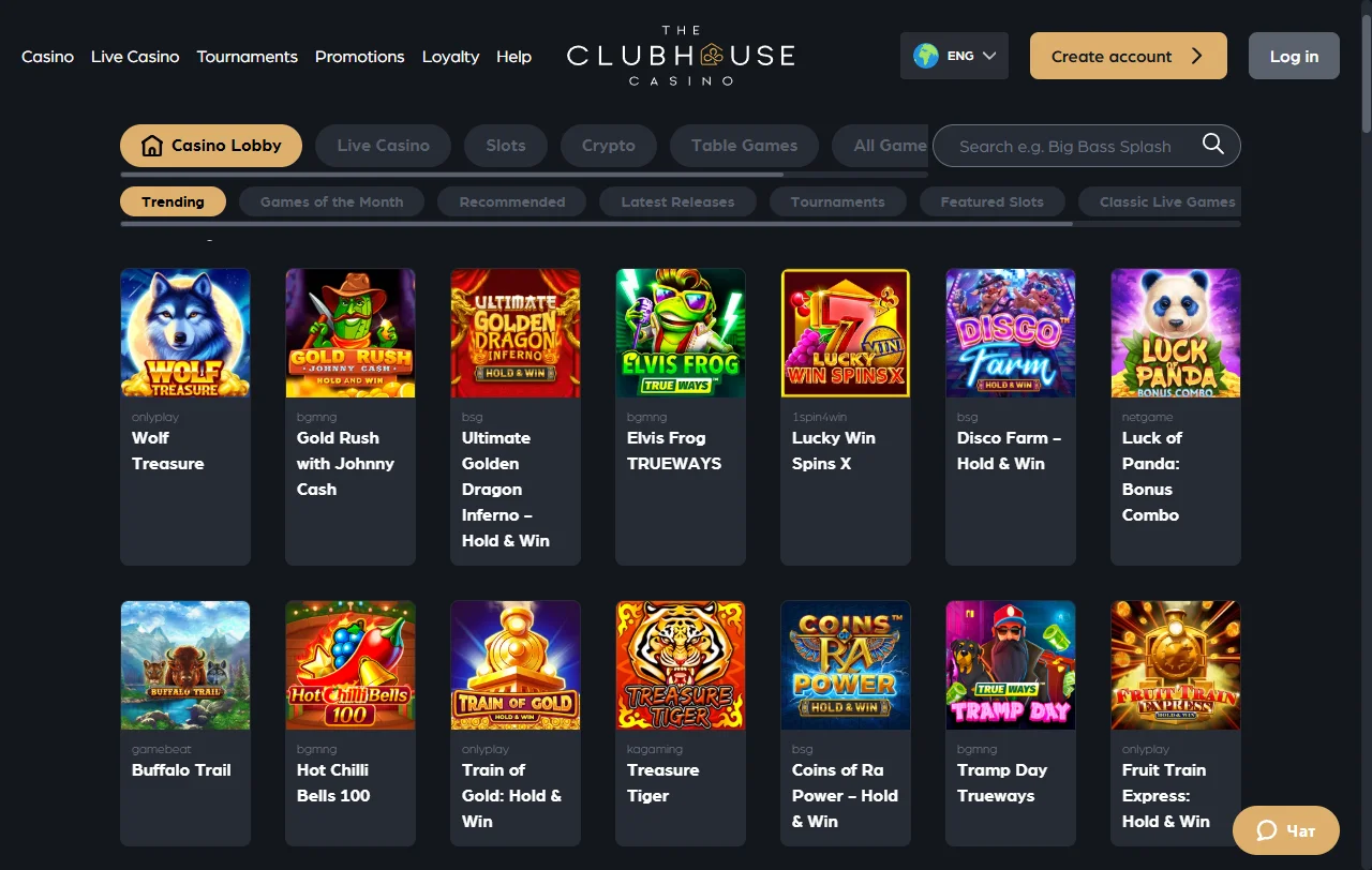 Seleção jogos e principais fornecedores The Clubhouse Casino Brasil