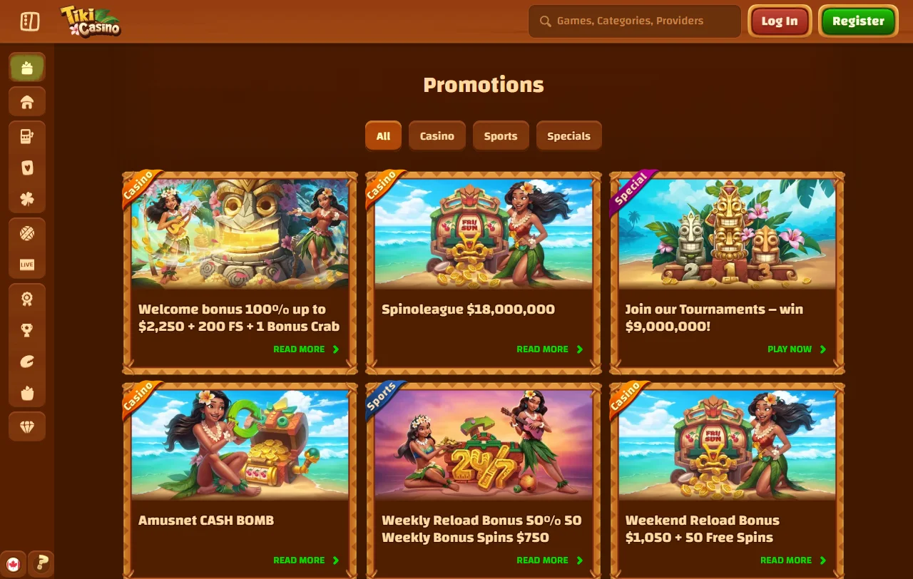 Seleção jogos e provedores principais Tiki Casino Brasil