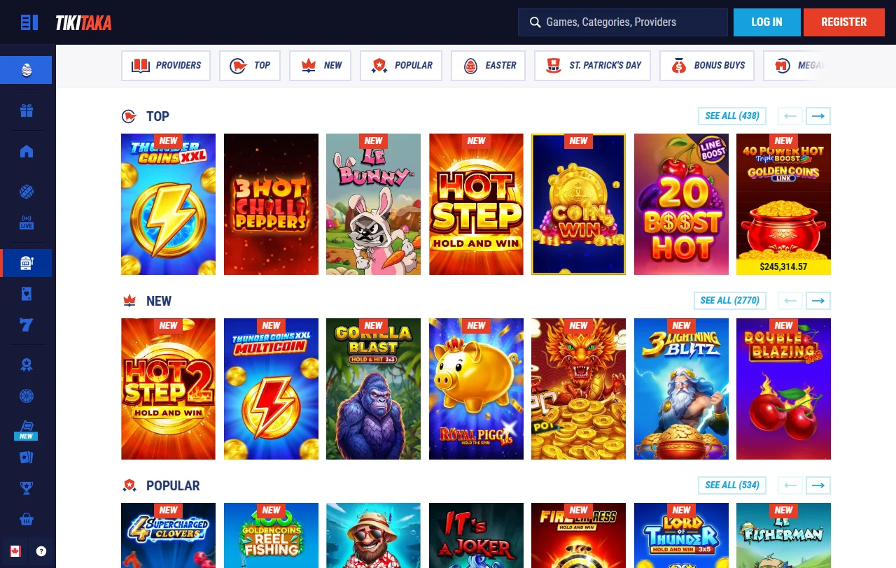 Seleção jogos e slots principais no TikiTaka Casino Brasil