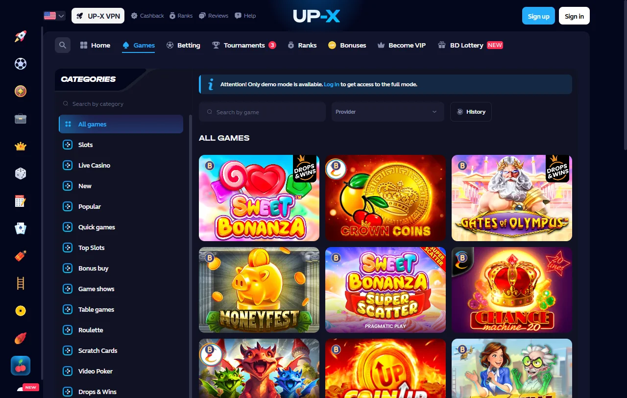 Catálogo de slots e jogos de mesa ao vivo disponíveis em Up-X Casino Brasil