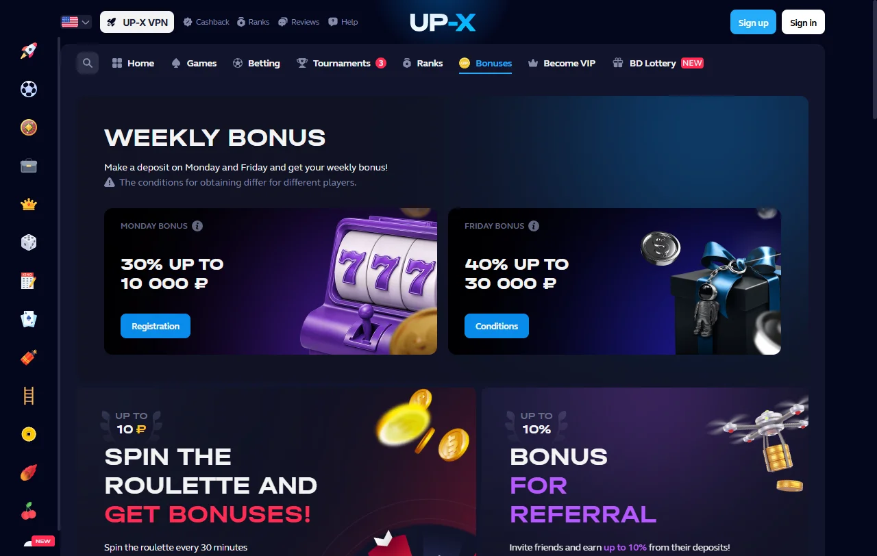 Bônus de boas-vindas e promoções oferecidas por Up-X Casino Brasil