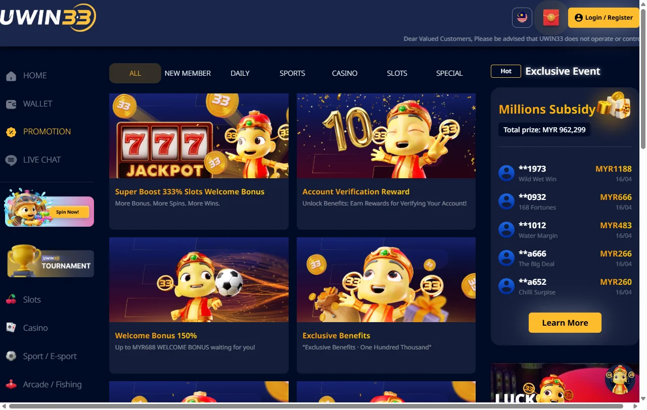 Seleção de jogos e slots na Uwin33 Casino Brasil