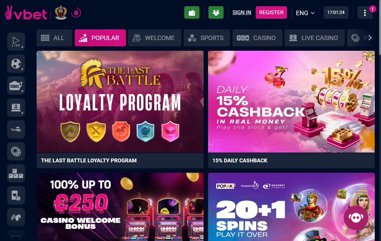 Jogos slots e live casino no Vbet Casino Brasil