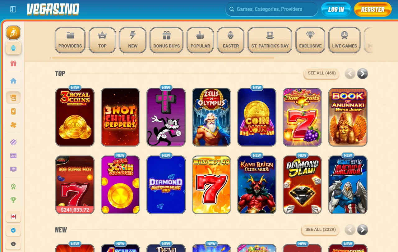 Slots e jogos variados catálogo Vegasino Casino Brasil