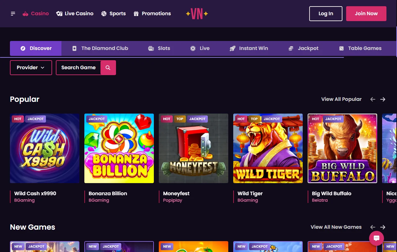 Jogos slots e live casino no VegasNow Casino Brasil