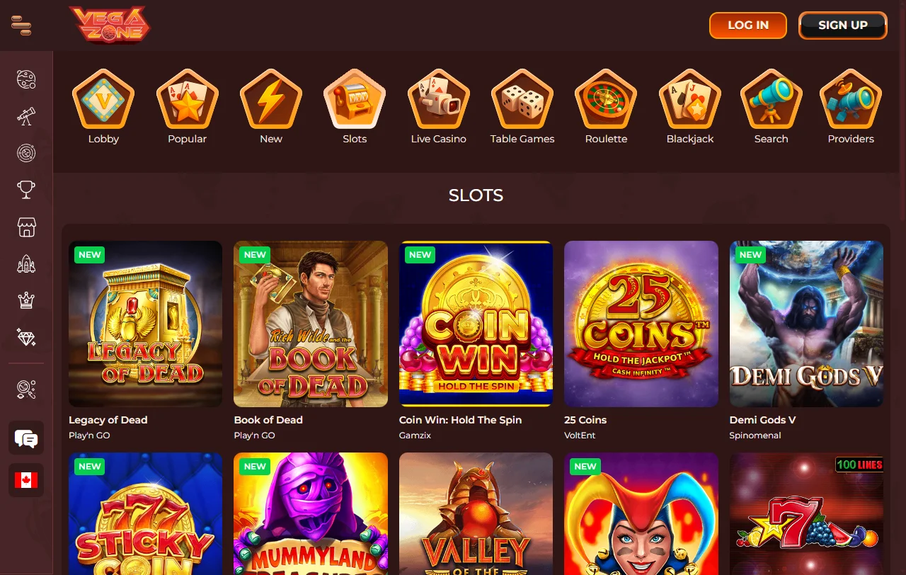 Seleção jogos e provedores principais VegaZone Casino