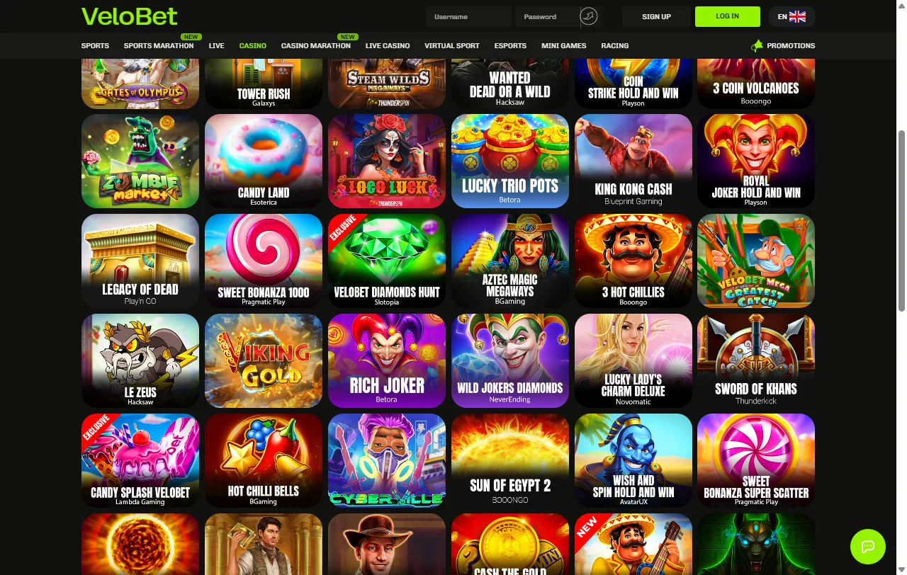 Seleção jogos e provedores principais Velobet Casino Brasil