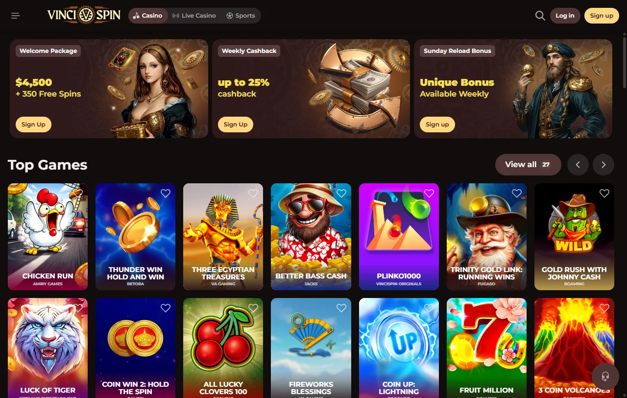 Bônus de boas-vindas VinciSpin Casino Brasil — 100% até R$ 1.000 e 100 rodadas grátis