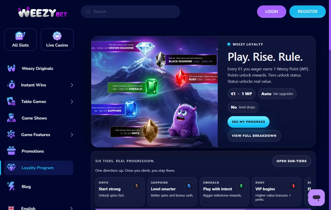 Catálogo de jogos WeezyBet Casino Brasil com slots, mesa e live dealer de múltiplos provedores