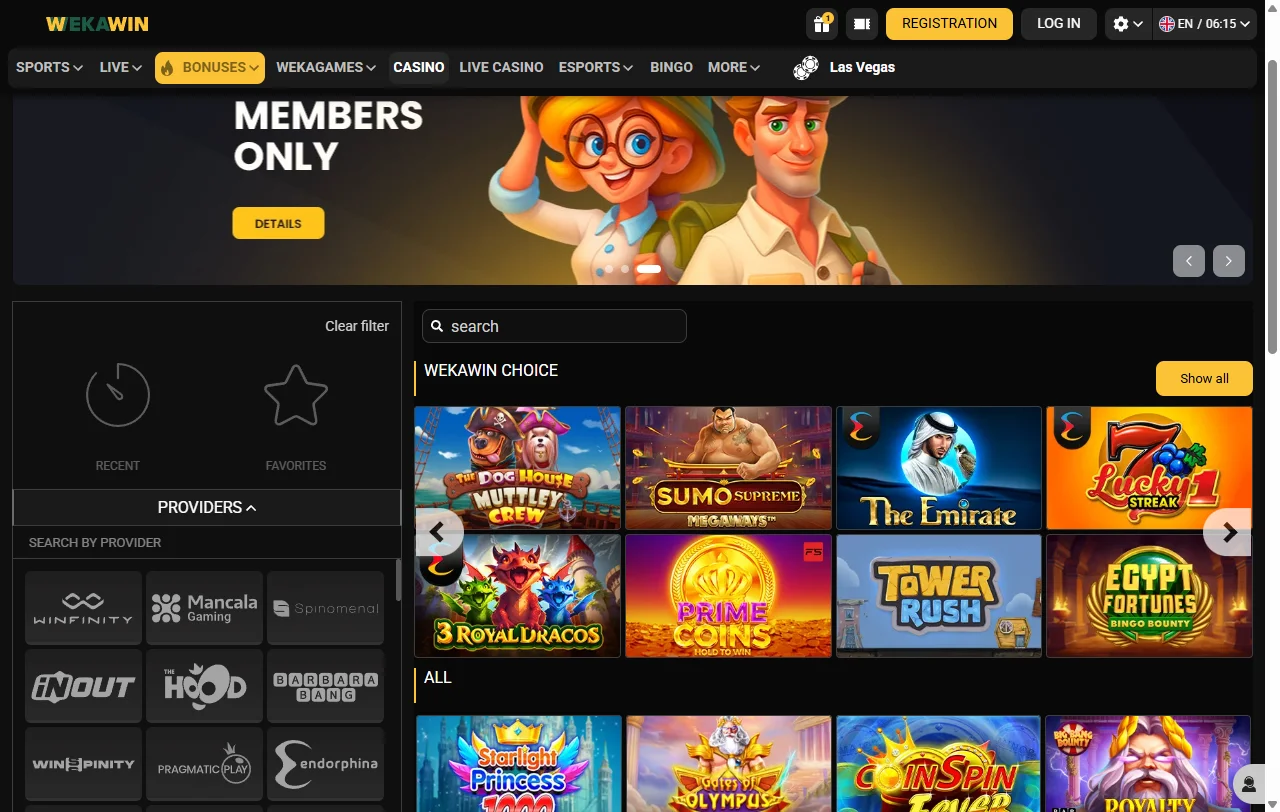 Jogos slots e live casino na Wekawin Casino Brasil