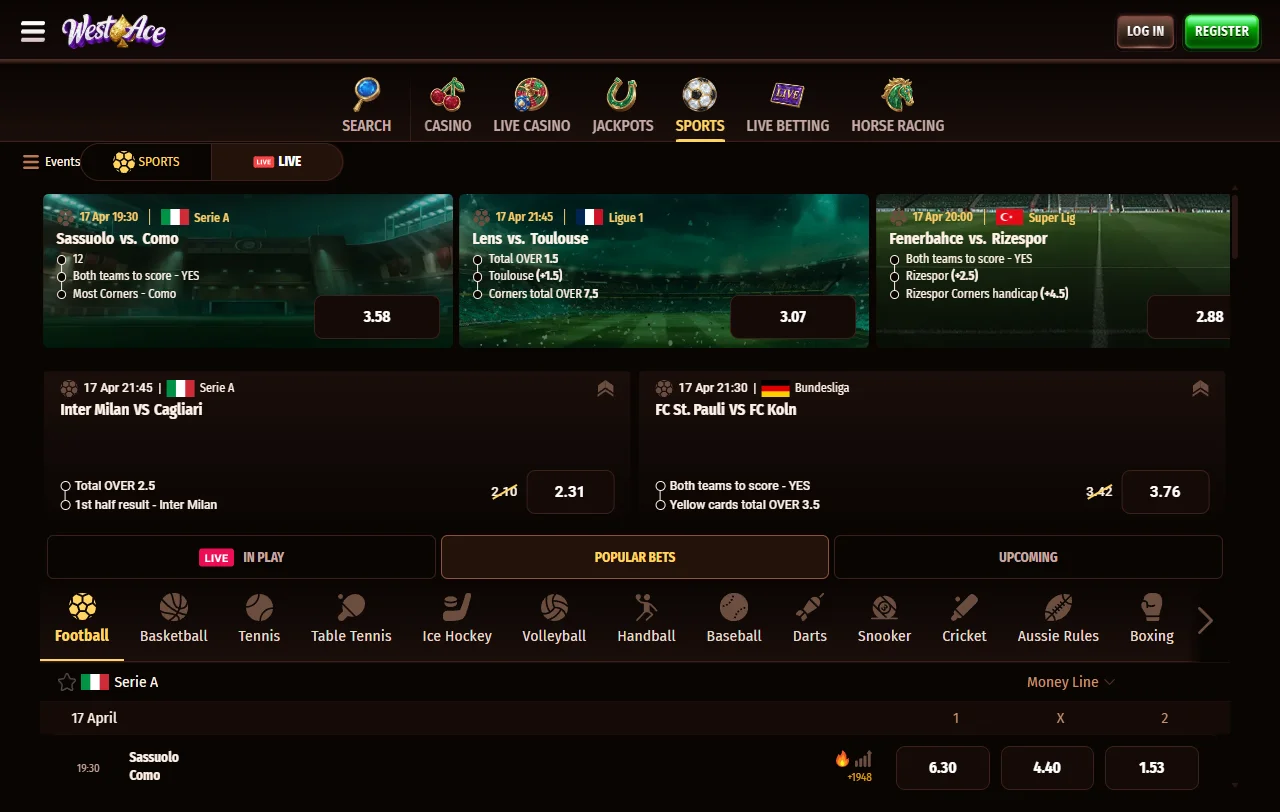 Jogos slots e live dealer no Westace Casino Brasil