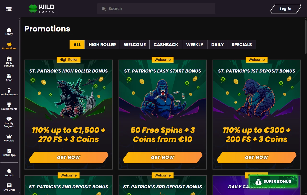 Seleção jogos e provedores principais Wild Tokyo Casino Brasil
