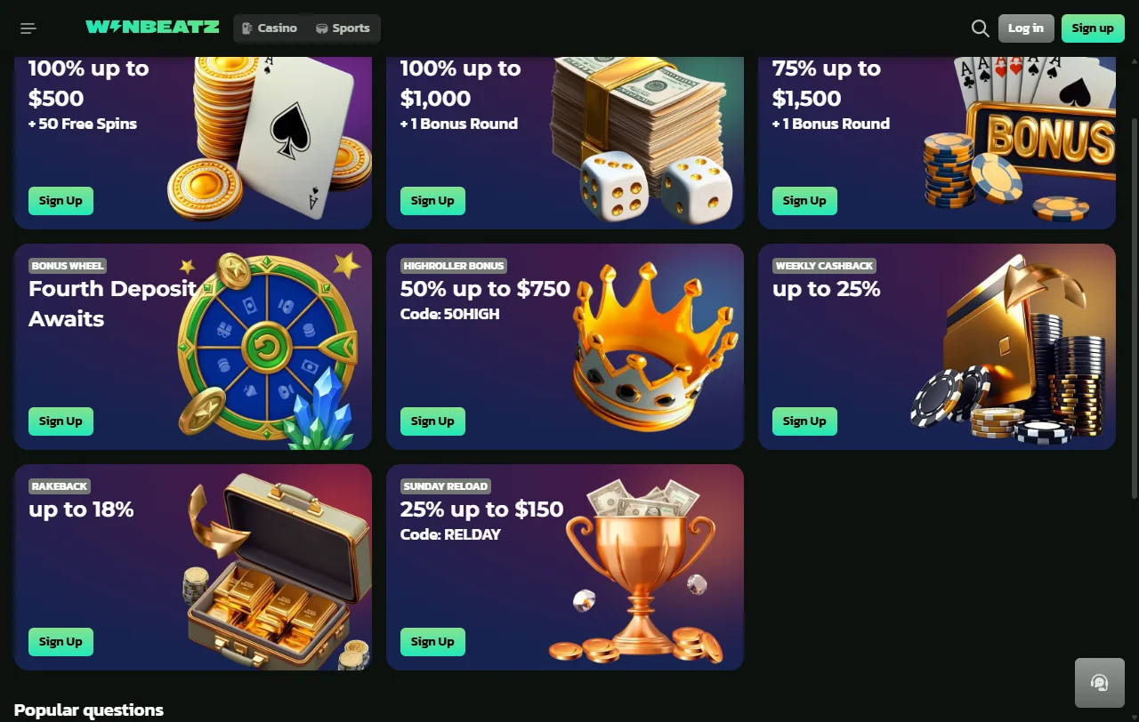 Página inicial de WinBeatz Casino Brasil mostrando biblioteca completa de 2.500+ jogos e navegação principal