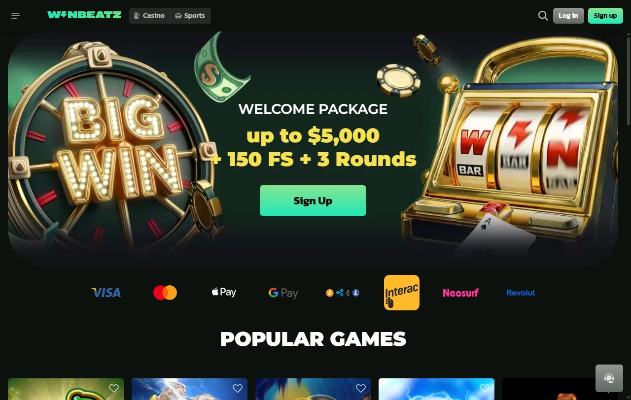 Seção de slots e jogos ao vivo de WinBeatz Casino Brasil com filtros por provedor e volatilidade