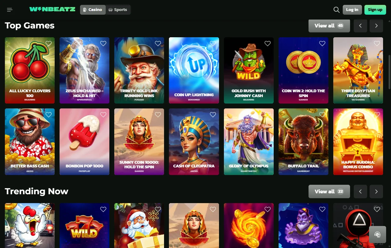 Área de promoções e bônus de WinBeatz Casino Brasil destacando oferta de 100% até R$ 1.500 + 100 rodadas