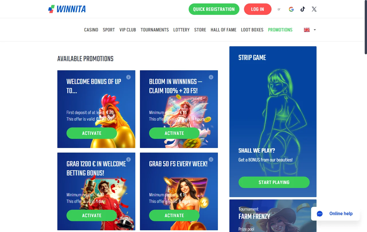Bônus de boas-vindas e promoções do Winnita Casino Brasil com ofertas de depósito e giros grátis