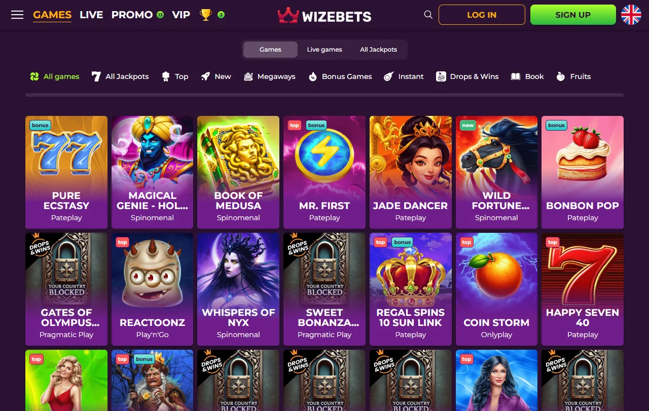 Slots e caça-níqueis catálogo Wizebets Casino Brasil RTP alto